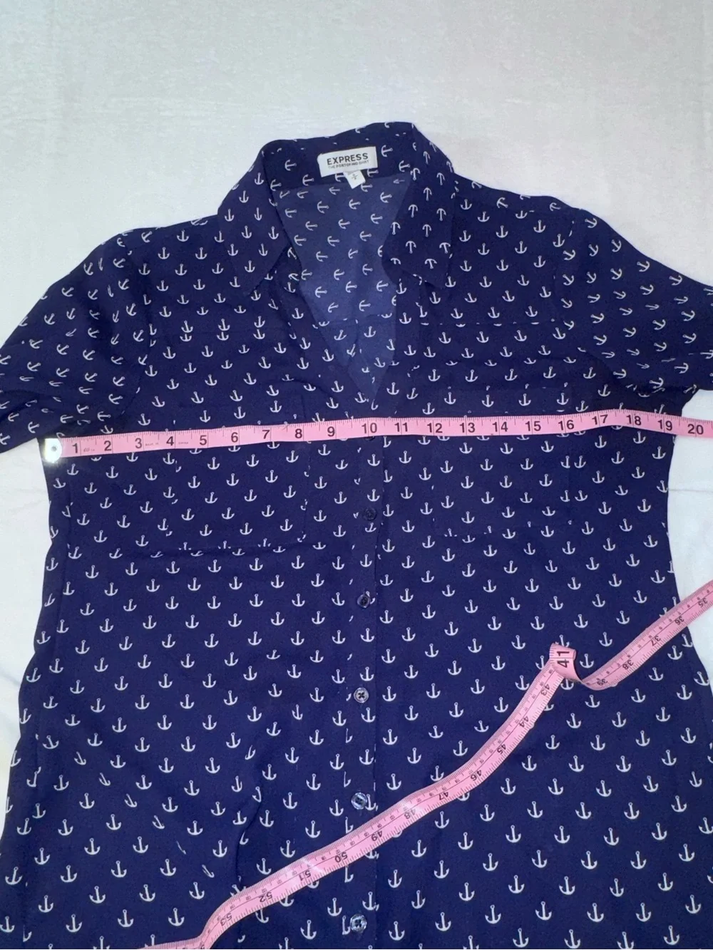 Express Portofino Navy Anchor Print Button Front Blouse Sheer Nautical Small - Picture 7 of 10